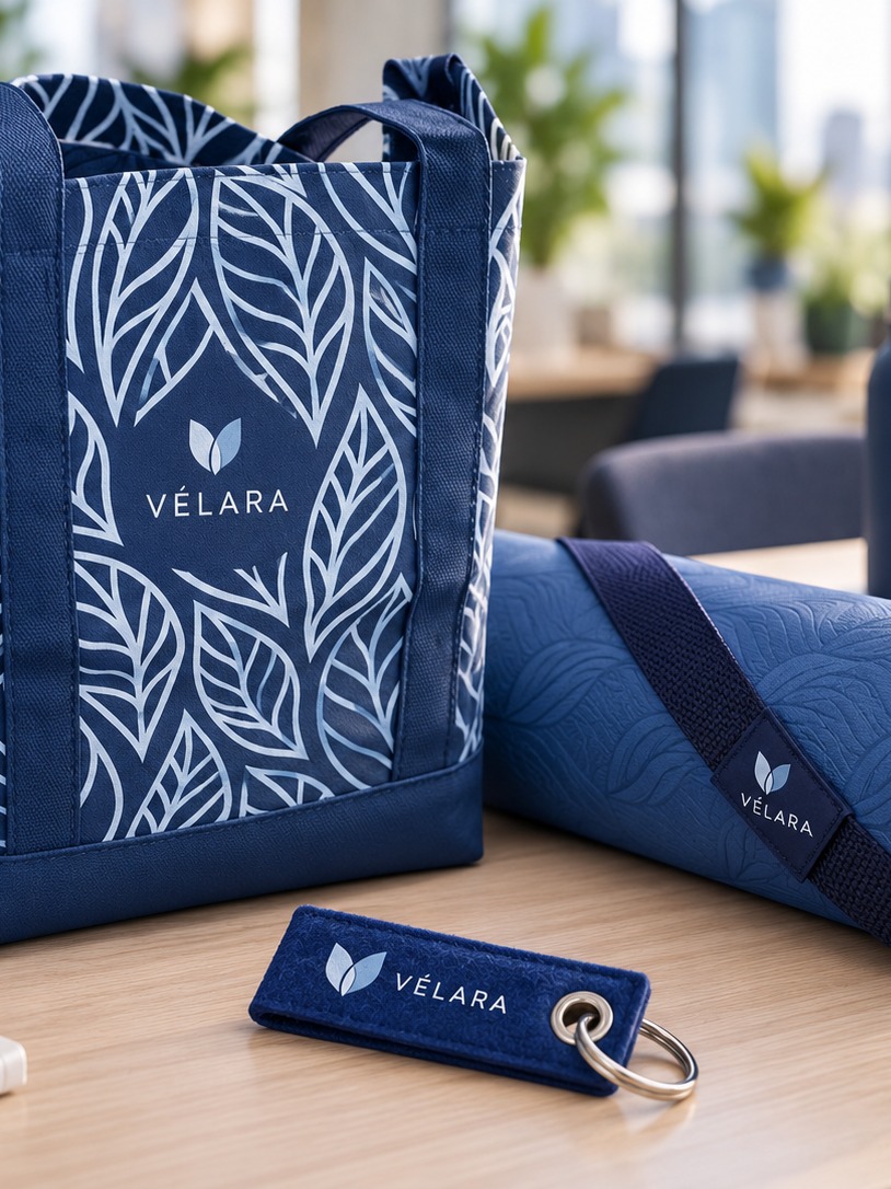 Branded navy tote bag, yoga mat and keyring with Vélara leaf logo