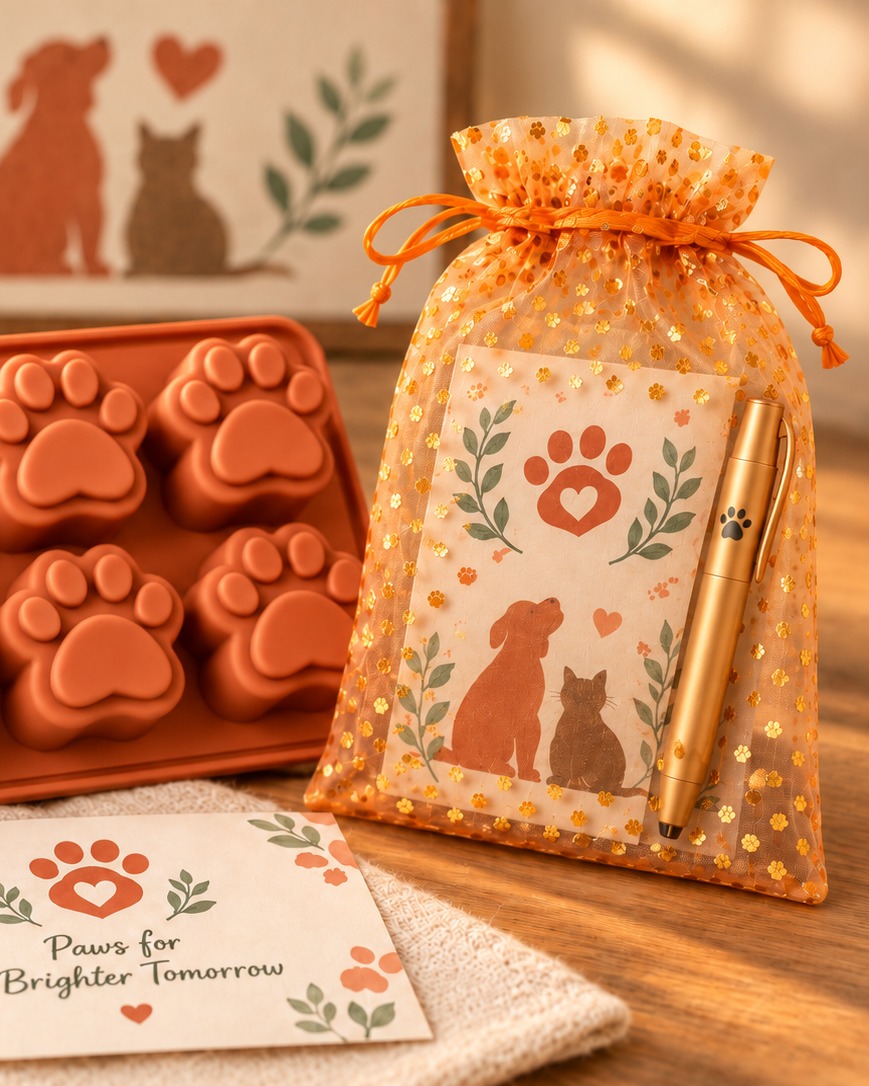 Paw-shaped silicone mold and organza gift bag with branded pen for a pet charity campaign