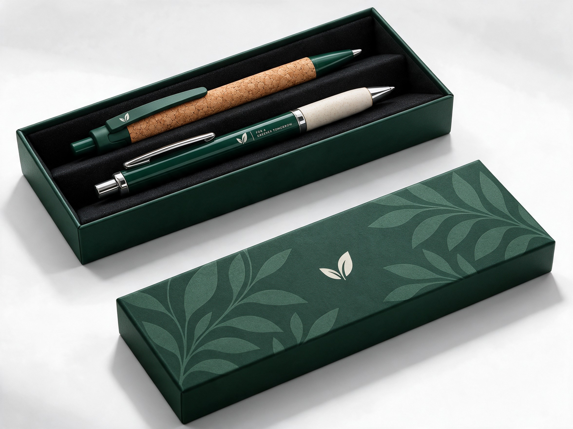 Branded pen set in a green gift box with matching sleeve