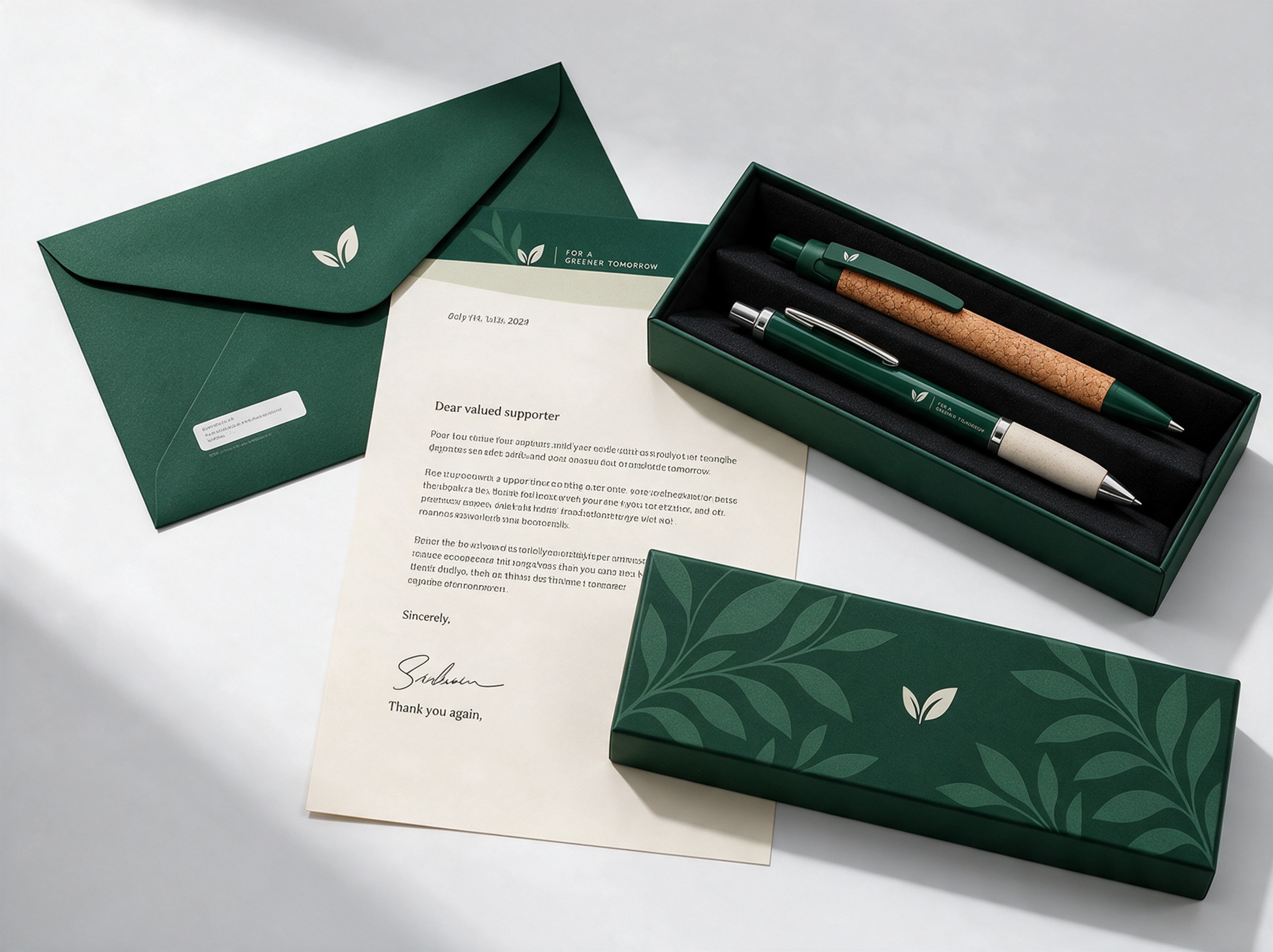 Donor thank-you mailer with envelope, letter and matching pen gift box
