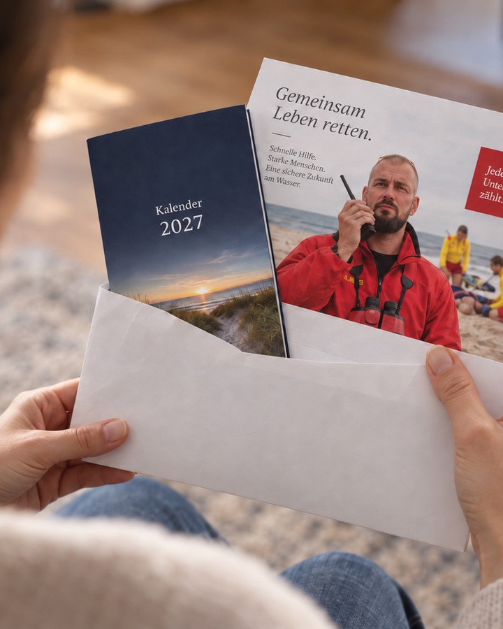 Donor receiving a calendar and lifeguard fundraising mailer