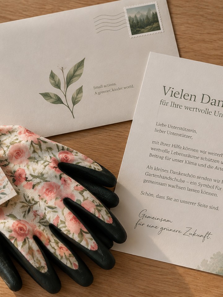 Gardening gloves donor gift with envelope and thank-you card