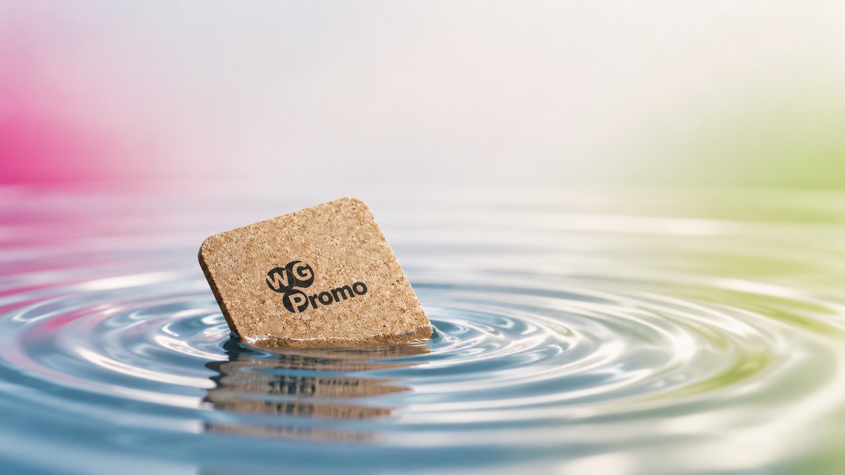 WG Promo branded cork coaster floating on water