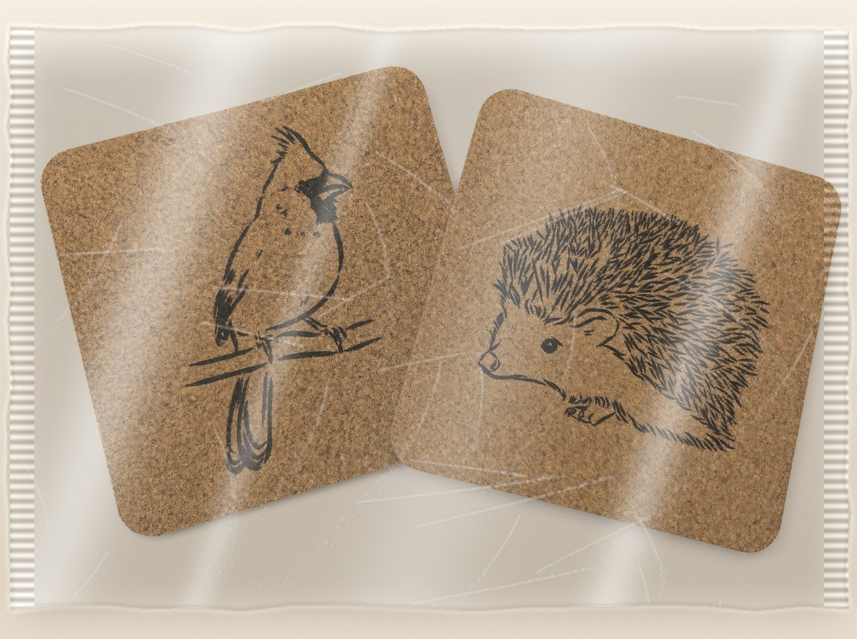 Illustration: cork coasters in a conventional clear plastic sleeve