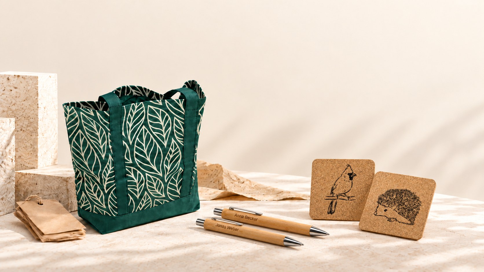 A green leaf-print tote bag, kraft tags, engraved bamboo pens and cork coasters with animal motifs, styled on a cream stone surface